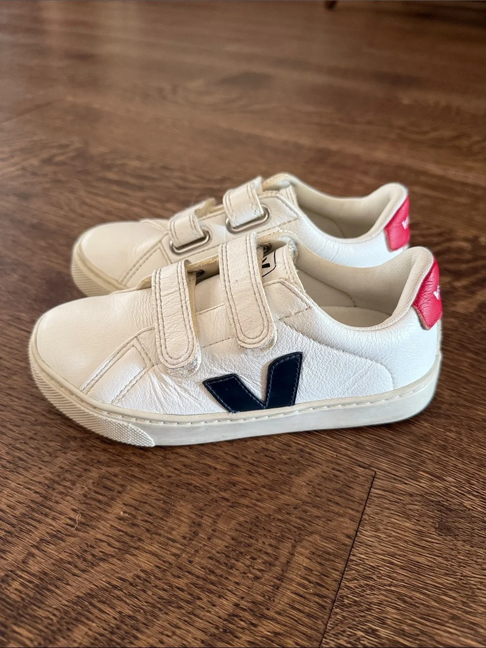 Veja Kids Esplar White Leather Velcro Sneakers with Navy V and Red Heel